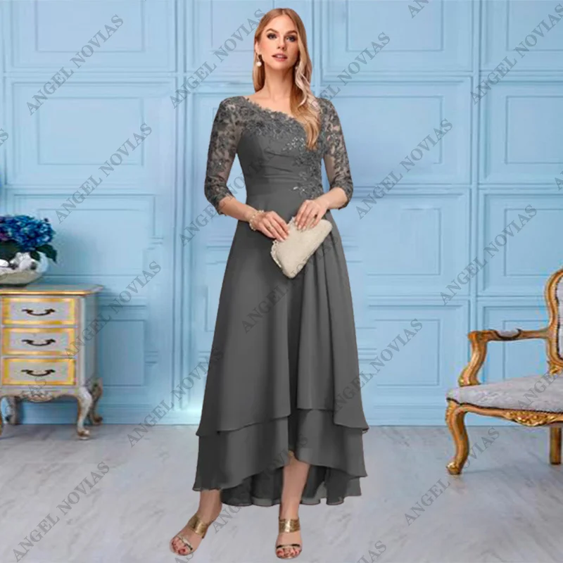 Prispôsobené vysoké nízko šedé šifónové matka nevesty Svadobné šaty šaty Vestidos para Madre de Novia