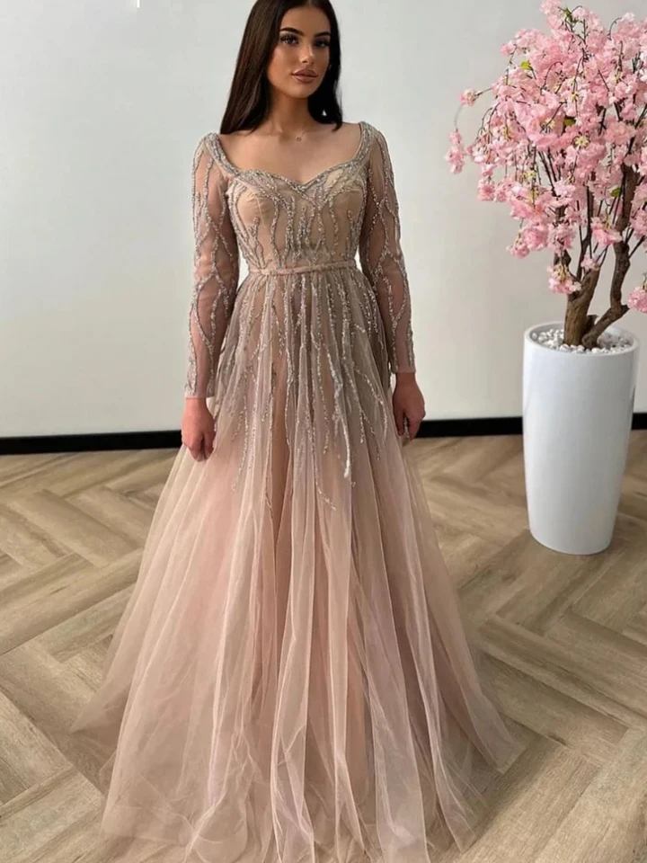 Prispôsobené šampanské svadobné šaty Slifrované dlhé rukávy Arabské dámy Prom šaty A-Line Tulle Elegantné šaty