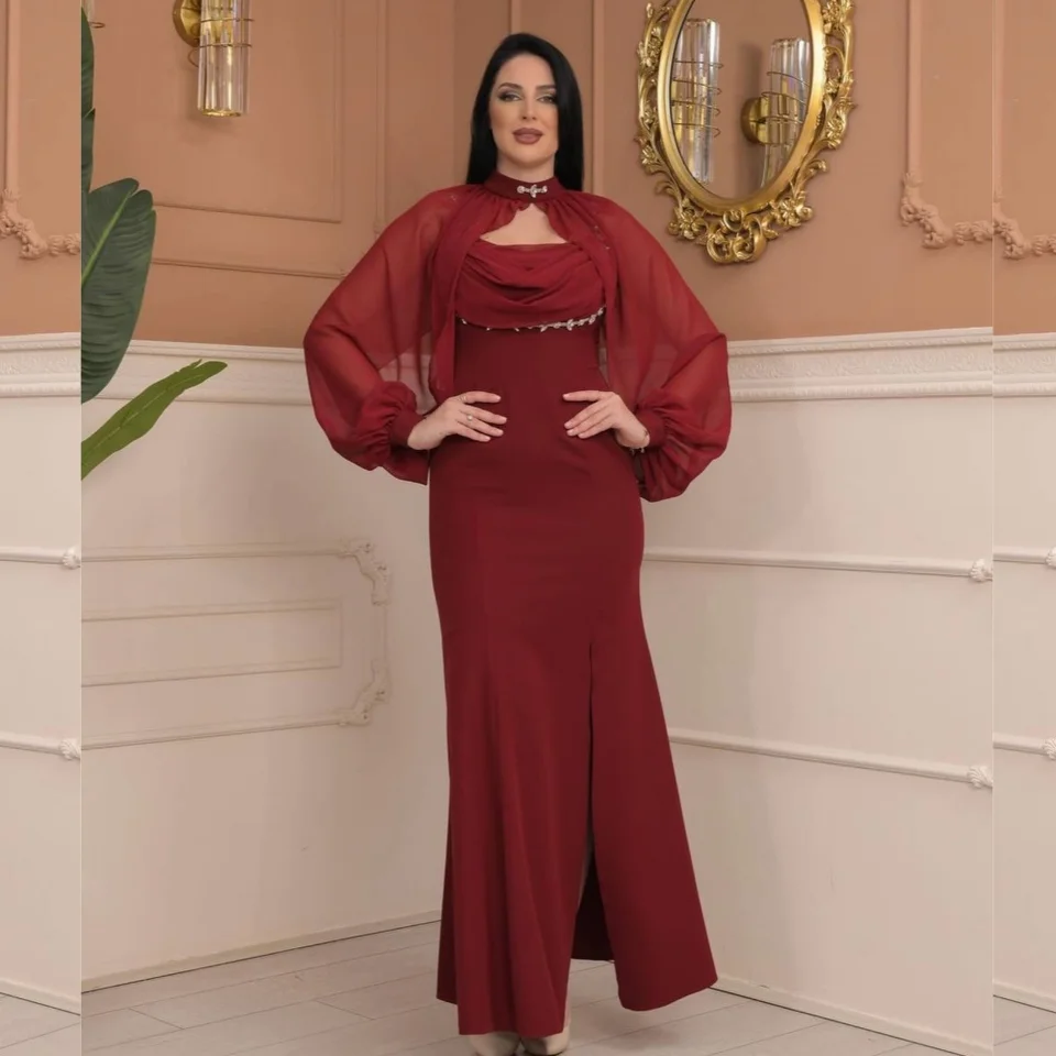 Prispôsobené šaty Pastrol Shifon Flifred Ruched A-Line High Collar Midi Šaty celebrity šaty unisex čínsky štýl formálne príležitostné