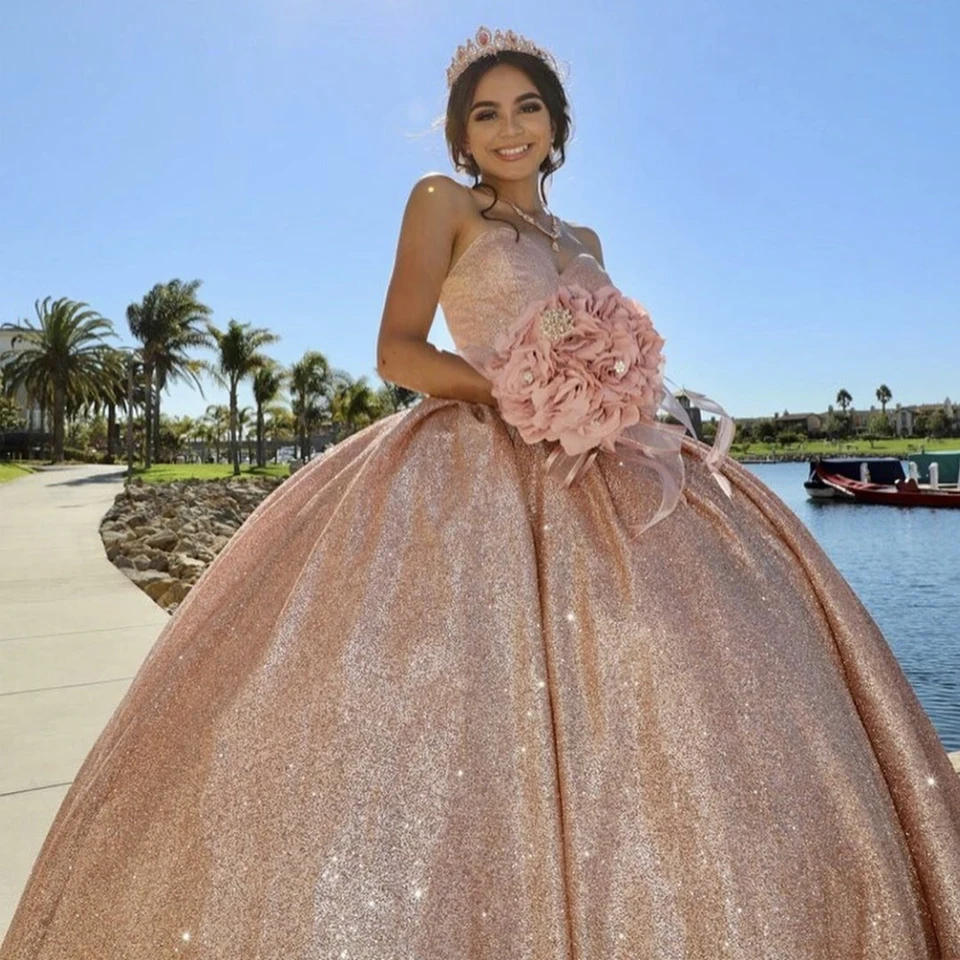 Prispôsobené šaty ružového zlata Quinceanera 2025 Vestidos de 15 quinceañera trblietavé flitrové flitrové plesové šaty sladké 16 šaty narodeninové šaty