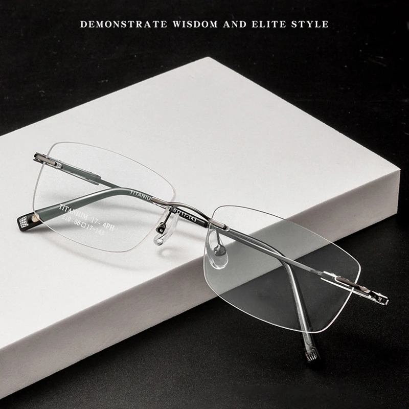 Prispôsobené šošovky Tvary Rimless okuliare Rám Optický predpis Čistý titánový muž obchodné okuliare s receptom