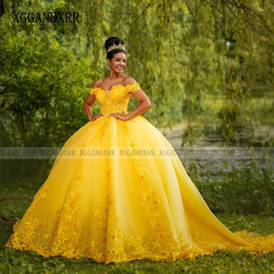 Prispôsobené žlté šaty Quinceanera 2025 Sweetheart Applies korálkové guľôčkové šaty Služba 16 obliekania Vestidos de 15 quinceañera