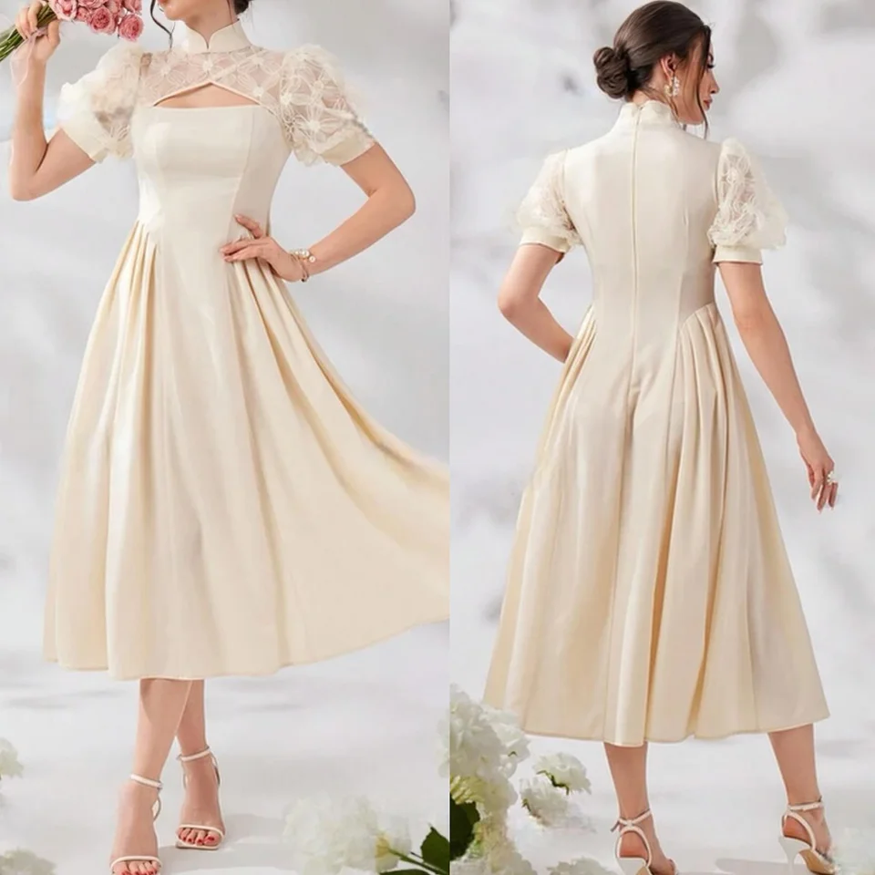 Prispôsobený klasický vzor dresu Ruched A-Line High Collar Midi Šaty Prom šaty vynikajúce moderný štýl peštinu unisex