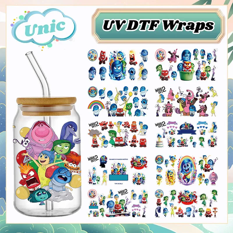 Prispôsobiť Disney vo vnútri prenosových nálepiek UV DTF Cup Cup pre 16oz pivo sklo môže fľaša selfadhézne umývateľné obtisky