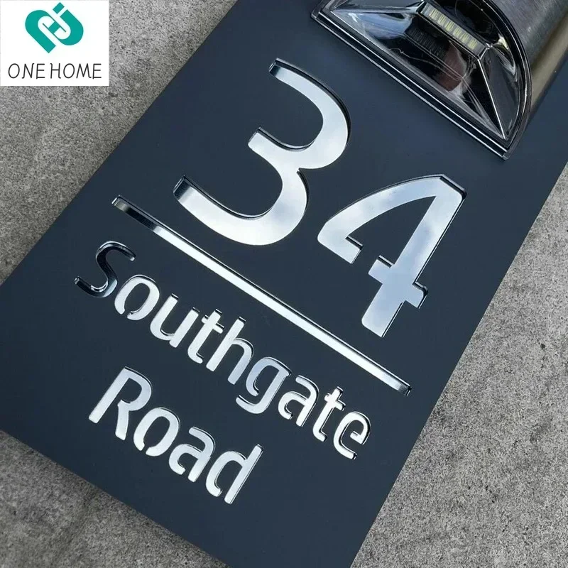 Prispôsobiť obdĺžnik House Sign Solar LED svetlo Moderná rezidenčná adresa Pleque Outdoor House Number Názov ulice Dvere doštičky
