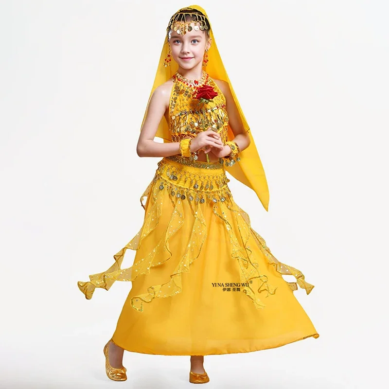 Profesionálne dievčatá deti nosia sárne indické šaty tancujúce brušné bruško 2/6ks Bollywood orientálne brušné tanečné kostýmy set