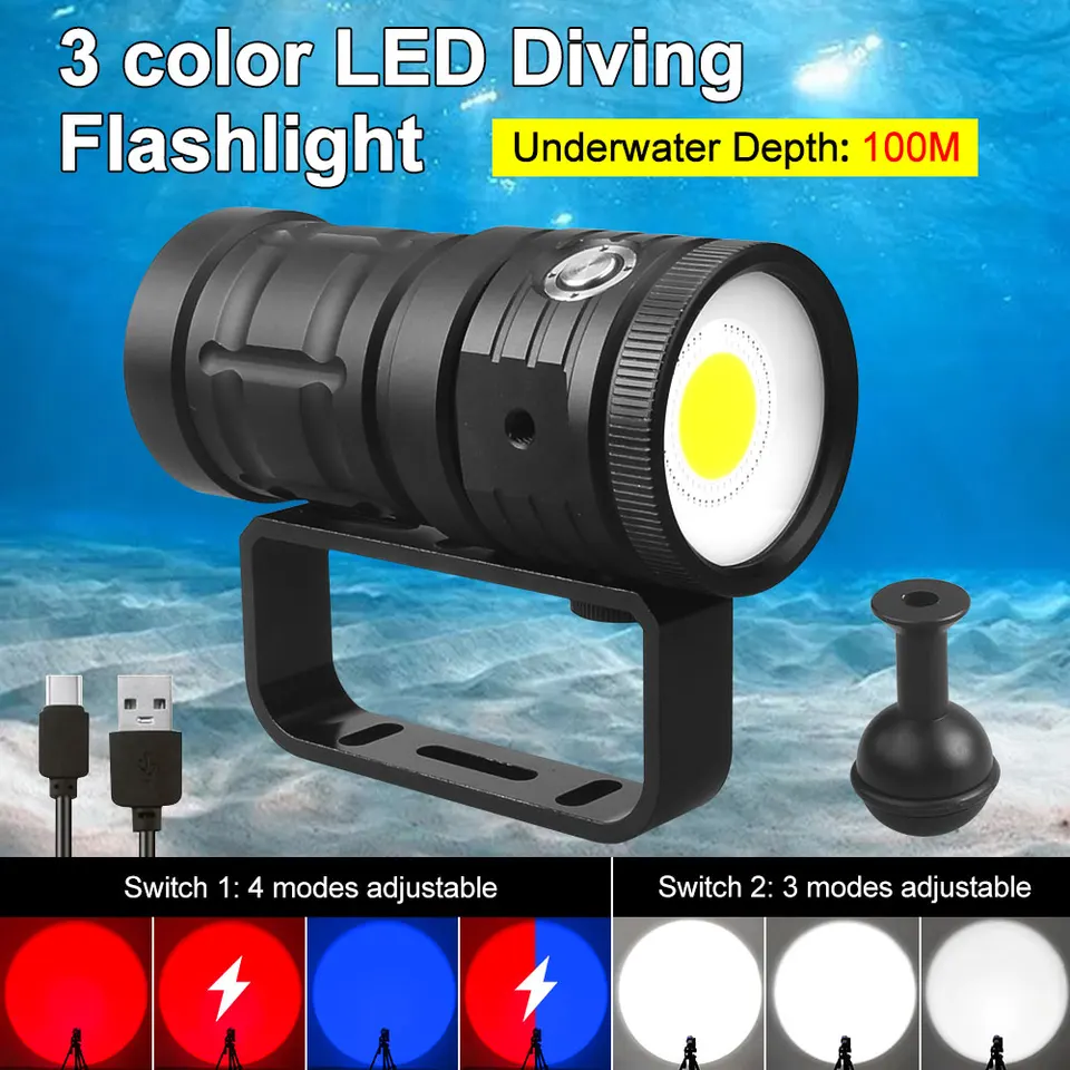 Profesionálne LED potápačské svetlo baterky 18000LM COB Tactical Torch IPX8 nepremokavé oslnivé oslnivé videokamera Light Blue Blue červená výplň svetlo