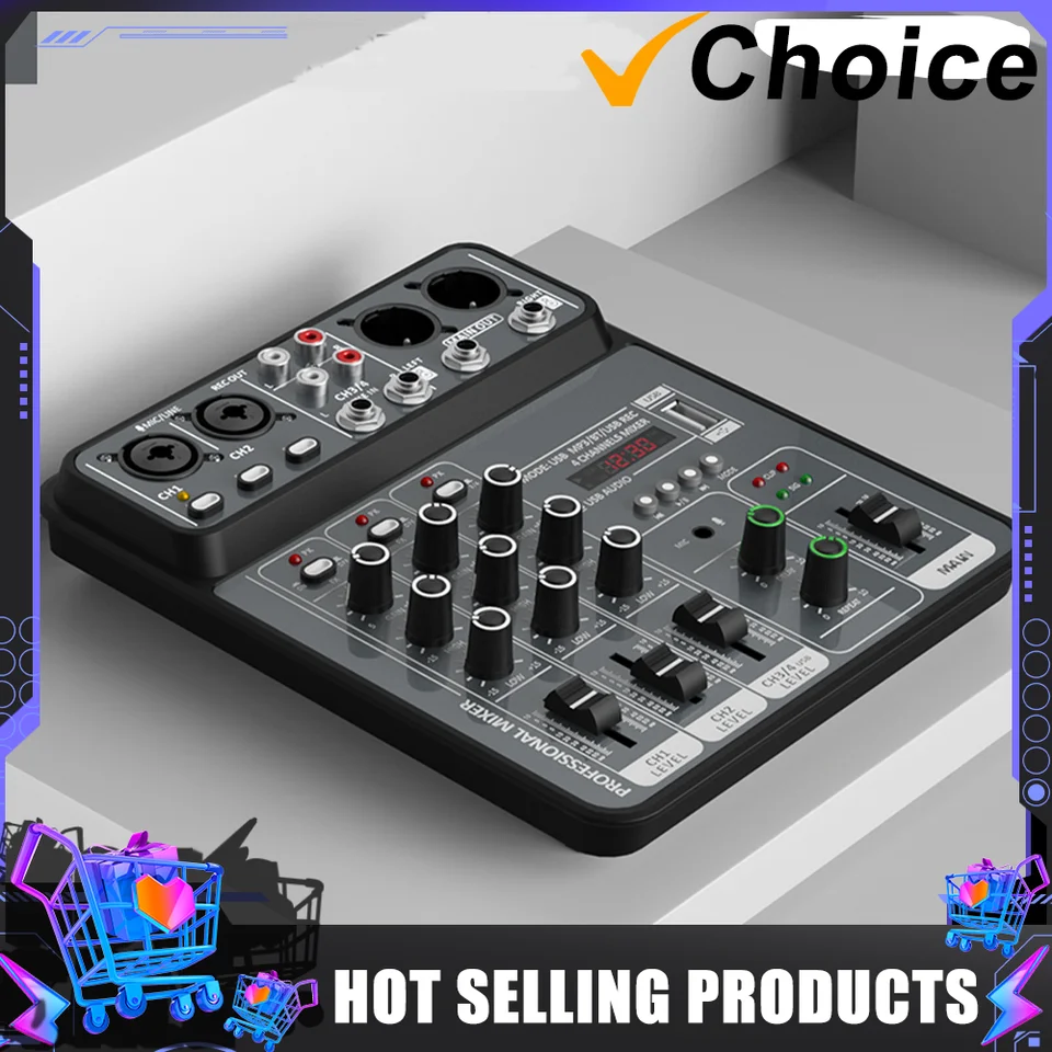 Profesionálny 4 -kanál DJ Karaoke Bluetooth 48V napájací zdroj zvukovej mixéra Zvuk premietania pre systém nahrávania hudby