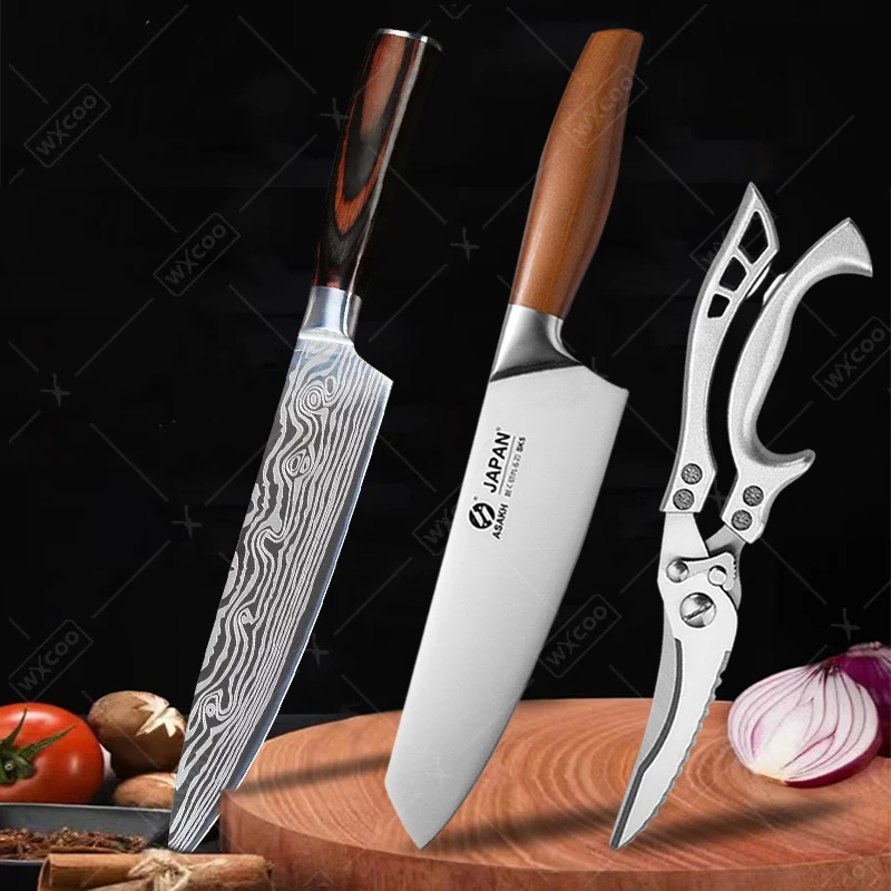 Profesionálny japonský kuchynský nôž šéfkuchár Wooden Drevená rukoväť z nehrdzavejúcej ocele Mäso Cleaver kuchyňa BBQ Nožnice ovocie