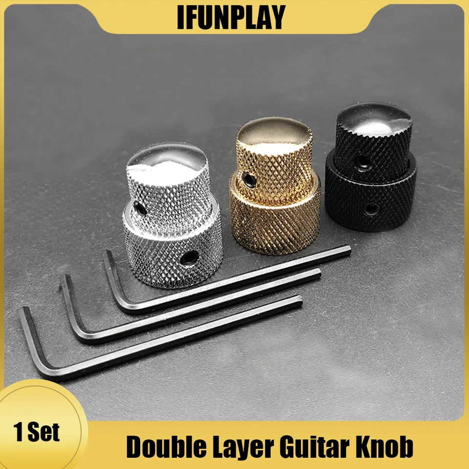 Profesionálny kovový gitarový tón hlasitosti Knob Potentiometer Knob Cap Dvojvrstvová elektrická gitara ovládací gombík s kľúčom s kľúčom
