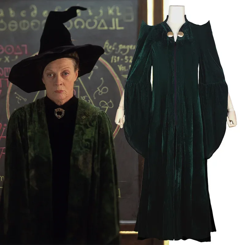 Profesorka Minerva McGonagall Cosplay kostým dospelých Dospelé šaty Zelený mys zamatový rola hracie plášť Halloween Carnival Cosplay NSD58