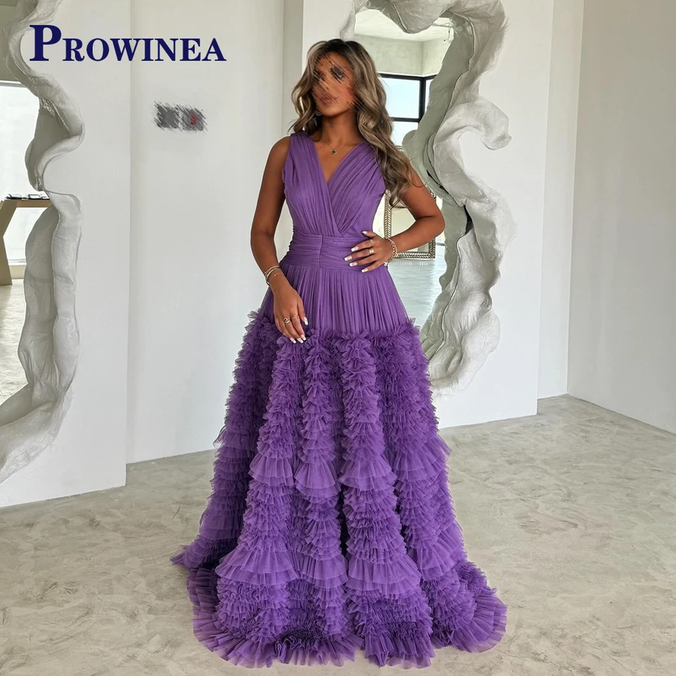 Prowinea jemné vrstvené celebrity šaty pre ženy Tulle V-krk na rukávky bez rukávov