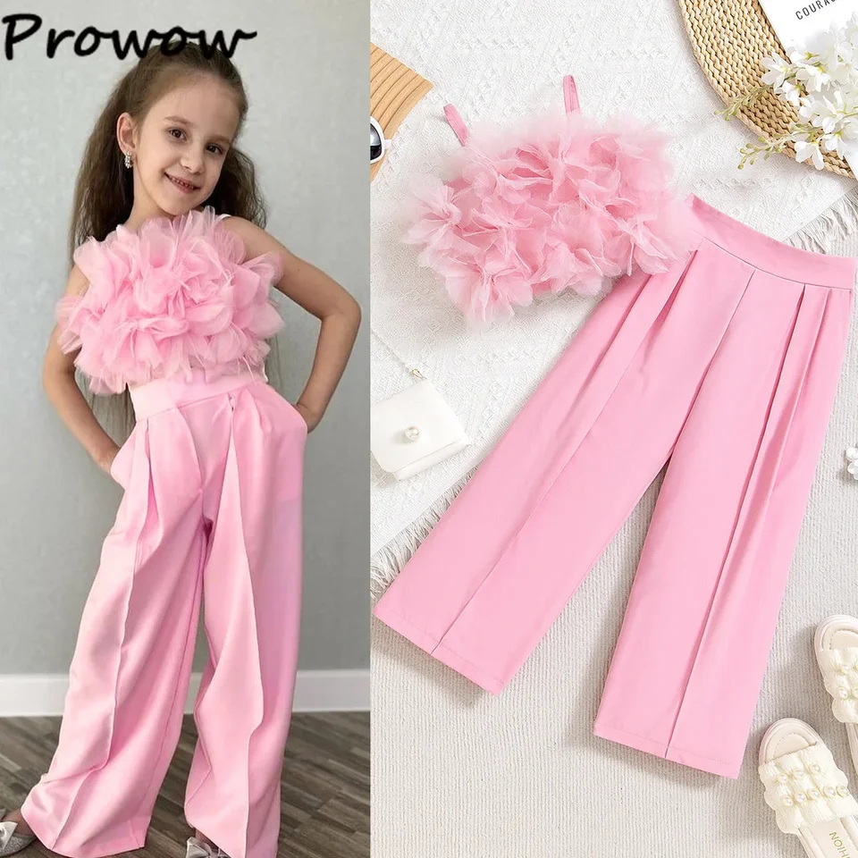 Prowow Fashion Letný oblek pre dievčatá Detské oblečenie oblečenie ružového sieťoviny Top a dlhé nohavice detské oblečenie dievčenské súpravy