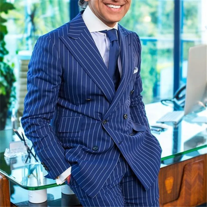 Pruhované muži vyhostia 2 kusy obleky Slim Fit Business Groom Blue Peak Laskedos pre formálny svadobný oblek (Blazer+Pants)
