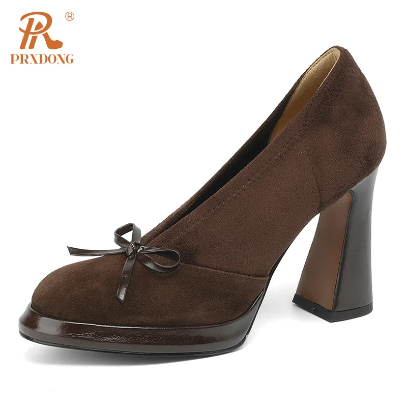 Prxdong 2024 Nové jarné leto Originálne kožené dámske čerpadlá vysoké podpätky Platforma Black Brown Retro Dress Office Lady Shoes 34-41