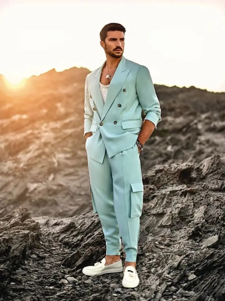 Príchod dvojseda muž oblek Sky Blue Business Casual Tuxedo 2 -dielna na mieru vyrobená jarná letná svadba pre mužov obleky blazers