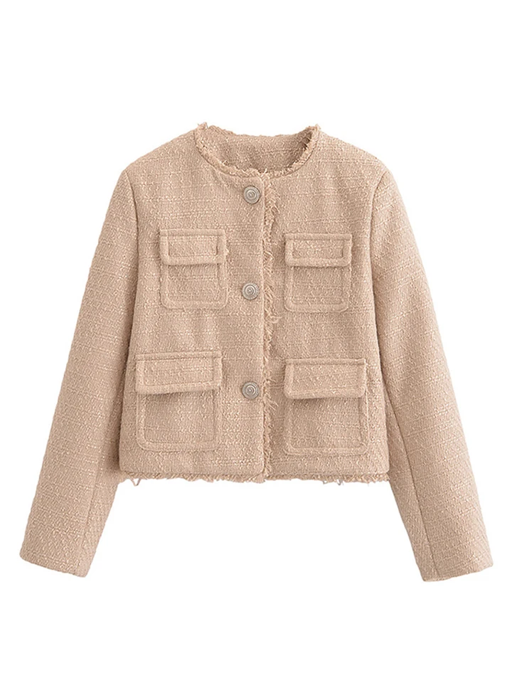 Príležitostné dámske tweed bunda srsť single Breasted Loose O-Neck Chic vrecko 2024 Jesenné bundy ženské topánky s dlhým rukávom Outwear