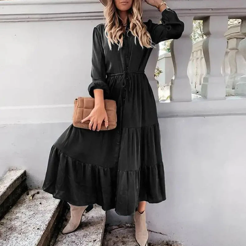 Príležitostné gombíky Hem Lace Up Šaty vintage klopa golier Solid Spring Robe Jeseň Nový dlhý rukáv maxi košele šaty pre ženy