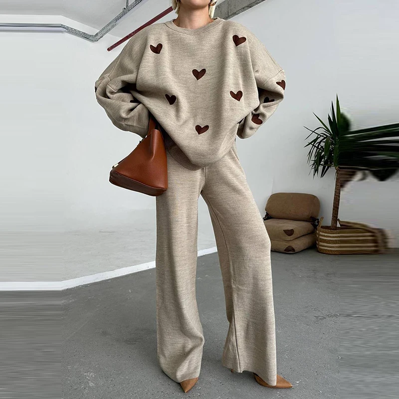 Príležitostné o krk s dlhým rukávom Sveter Outfit Elegantné voľné rovné nohavice Oblek Jeseň Zimná zimná tlače v tvare srdca Tlač