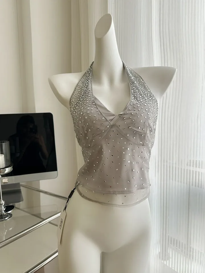 Príležitostné prílivové tielky letné rukávy Grey Women Diamonds Camisole Clubwear sexy jednoduchá jednoduchá vesta z ramena gyaru grunge