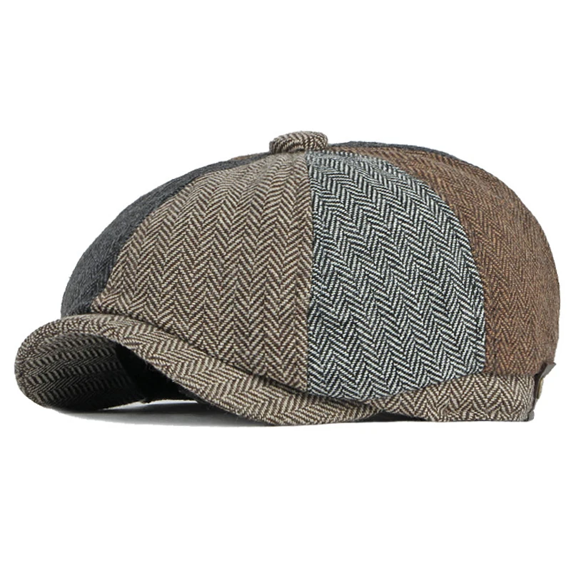 Príležitostné spravodajské čiapky Men Men jar jeseň Octagonal Hat Man Beret Tweed Rybie plochá čiapka retro patchwork osem čepeľ Gorras