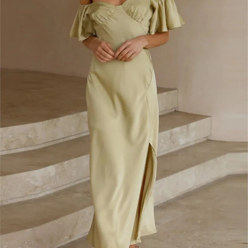 Príležitostné šaty čisto farebná saténa sexy sexy piesne skladané lomítko dlhé plesové šaty voľné štíhle rukávy Street Outfit