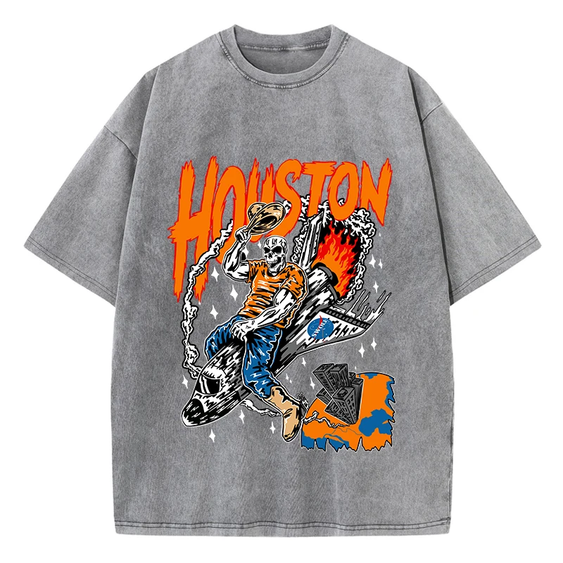 Príležitostné žien kyseliny Tričká Houston Skeleton Manga Prints Tops Tops Topss Crewneck Nadixize Cotton Tete Trend Trend Clothes