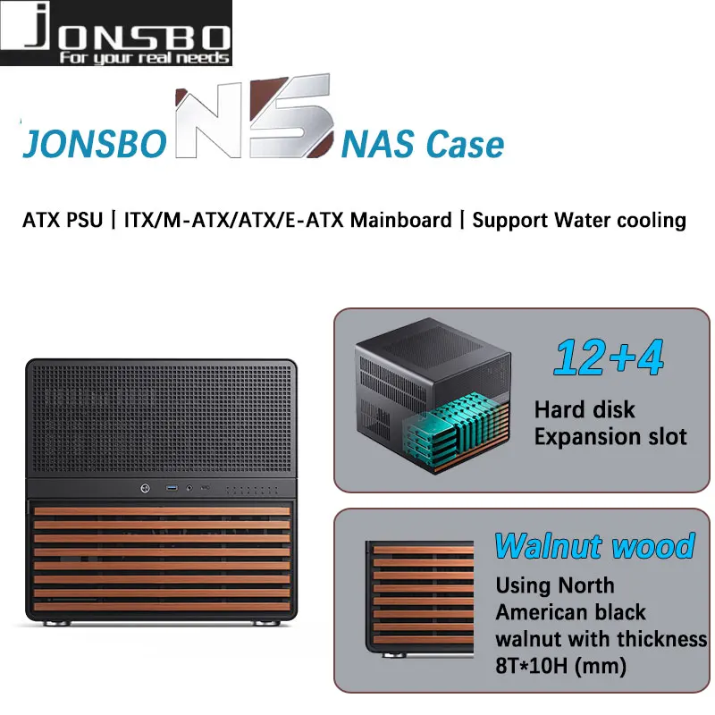Prípad Jonsbo N5 NAS podporuje ITX/M-ATX/ATX/E-ATX základné dosky ATX PSU Používajte severoamerické orechové masívne drevo podporuje chladenie vody
