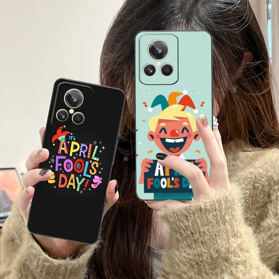 Prípad mobilného mobilného telefónu Apríl Fool Day pre Realme GT 2 9i 8i 7i Pro X50 x2 C35 C21 C20 C11 C1 C3 Čierny mäkký telefónny kryt Phone Funda