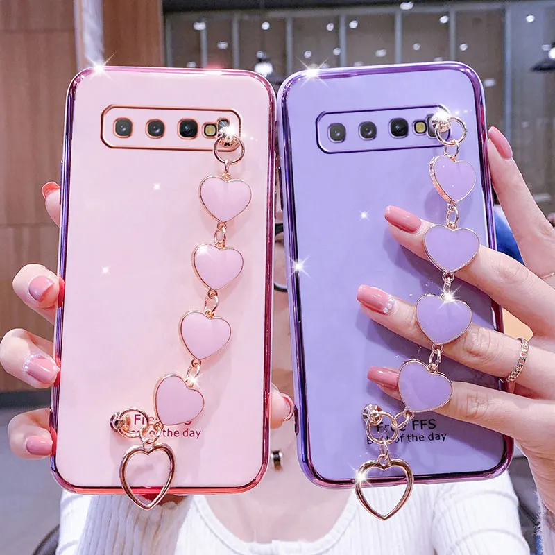 Prípad na náramok na zápästie pre samsung S10 plus puzdro Luxusné pokovovanie srdcových reťazcov pre Samsung Galaxy S10 Case S10Plus S 10