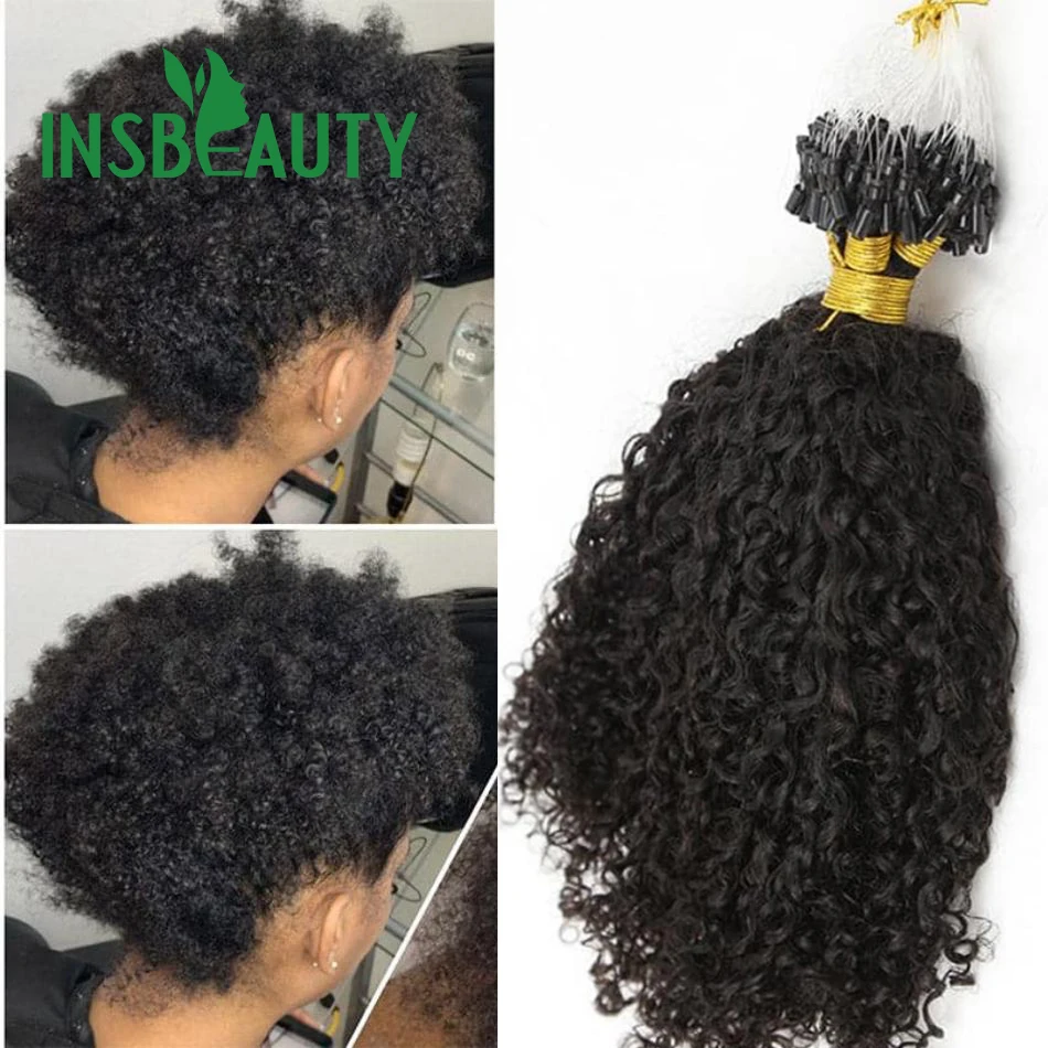 Prírodná farba výstredná kučeravá micro slučka predlžovanie vlasov Kinky Curly Remy Micro Link ľudské vlasy predlžovanie vlasov mongolské chĺpky