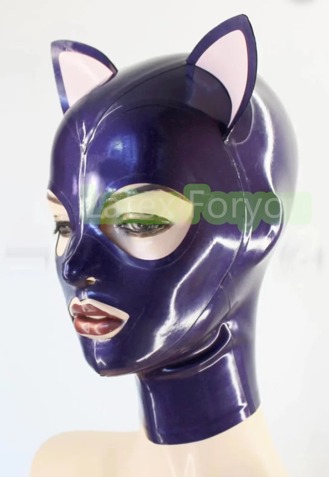 Prírodná latexová kapucňa s mačkovými ušami zadná zips ručne vyrobená sexy fetiš gumová maska ​​cosplay nosiť halloweenské kostýmy pre ženy mužov