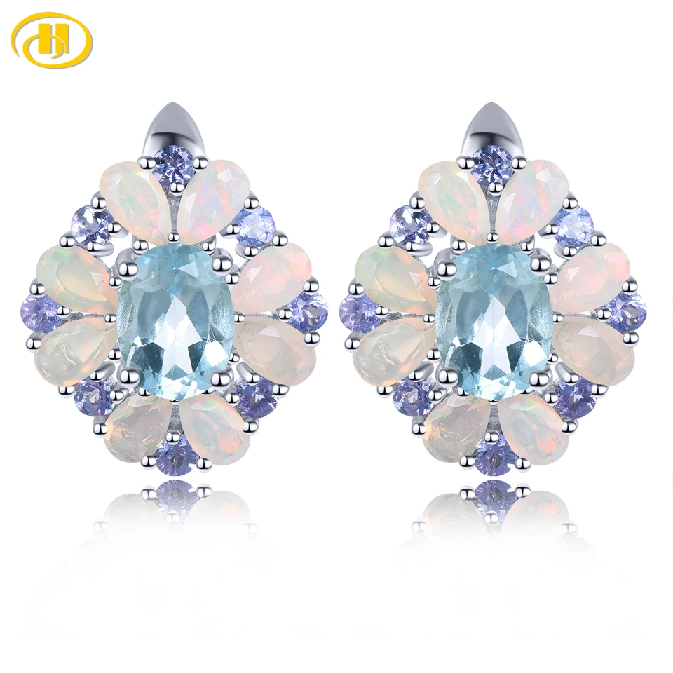 Prírodná obloha Blue Topaz Opal Sterling Strieborný náušnica 5.2 Carats Multicolor Gemstone Women Classic Fine Jewelrys S925 Darčeky