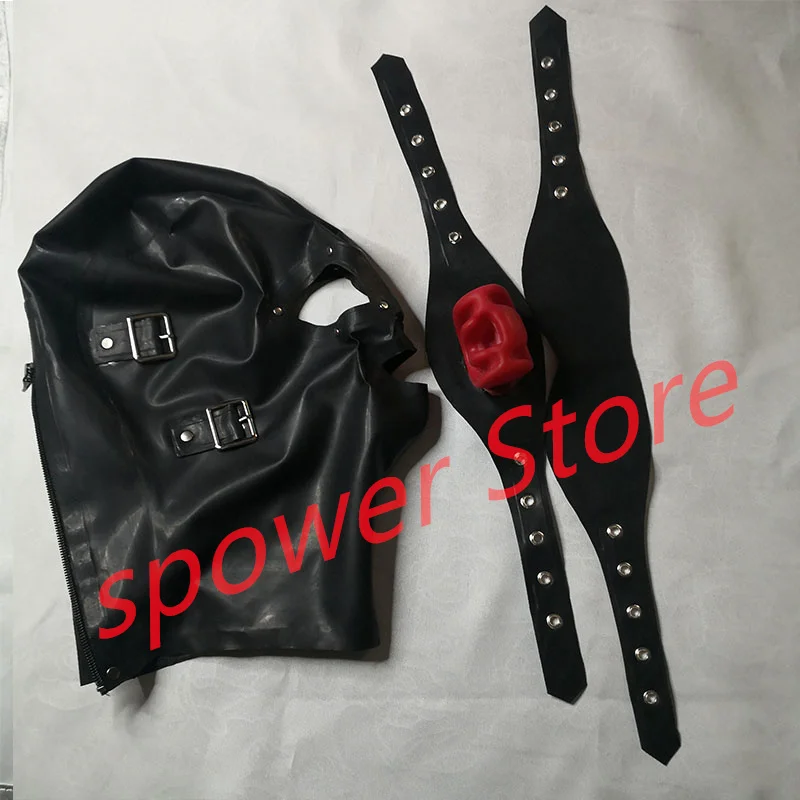 Prírodná plná hlava latexové kapucne gumová maska ​​Sexy fetiš cosplay s zubami gag očný kryt zadný zips
