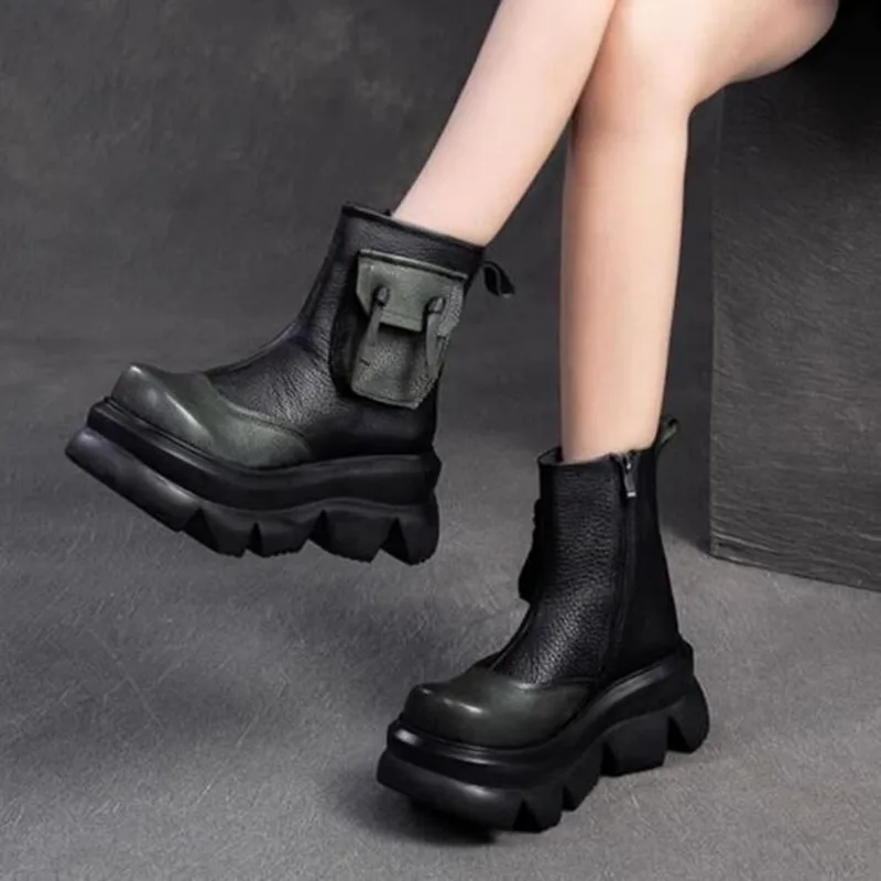 Prírodná pravá kožená ručne vyrobená retro komín Motocykel Dámy módne členkové topánky Ženy Moccasins Autumn Boots Spring topánky