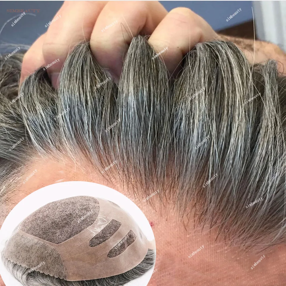 Prírodná vlasová väzba Najsilnejšia odolná odolnosť npu mono top priedušná čipka mix šedá čierna blondínka muži toupee ľudské vlasové parochne protéza