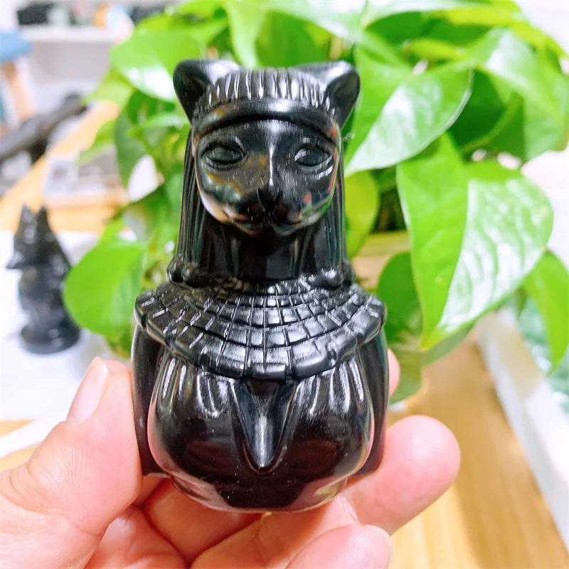 Prírodná čierna obsidián Egyptská mačka žena rezbárske ručné krištáľové vyrezávané figuríny Energy Gemstone remeslá domáca dekorácia darček 1ks