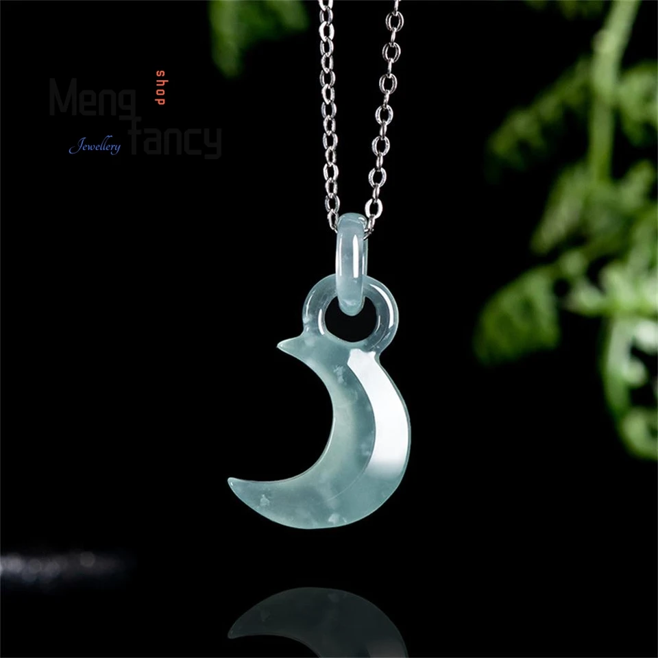 Prírodné A-Goods Jadeite Blue Water Crescent Moon Moon Locks Ice Jade prívesok Vynikajúci pár módne jemné šperky darčeky