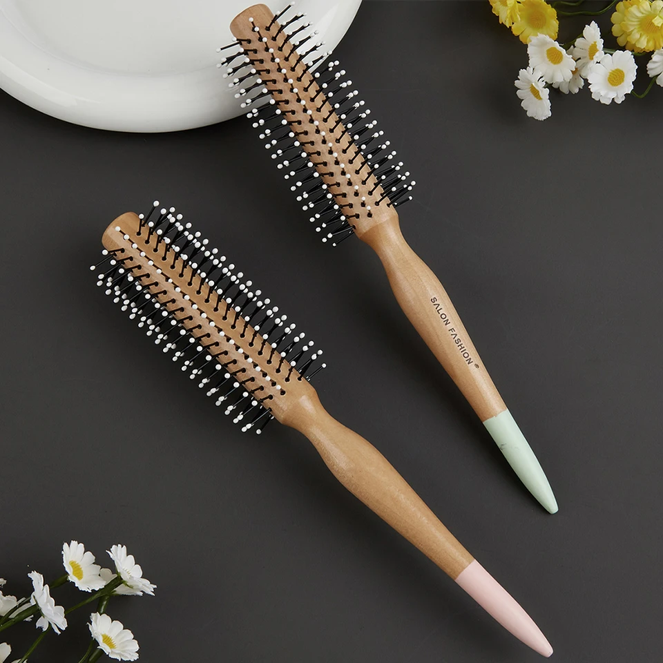 Prírodné drevené okrúhle curling Hrebeň náhodná farba 1 ks Mentle nylon Bristles Drevená rukoväť salón curling roll kefka na vlasy