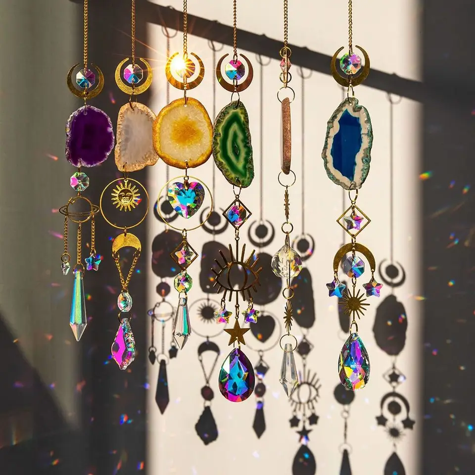 Prírodné kamene Agate Sun Catcher Agate Sun Catcher pre dúhový výrobca visiaci krištáľová čarodejnica slnečnica veterná stena