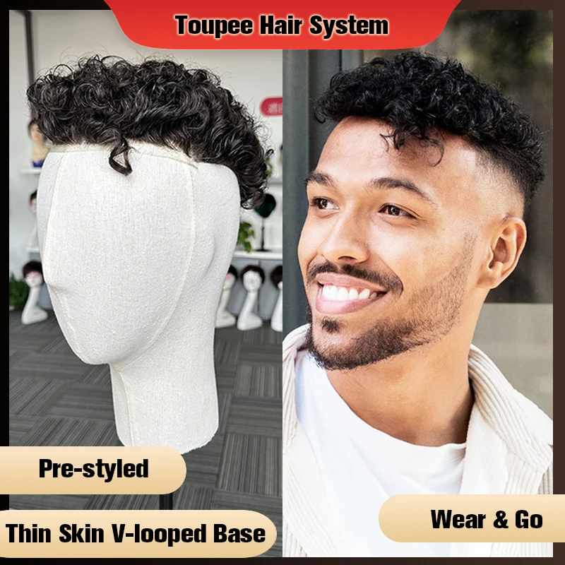 Prírodné kučeravé pred štýlom muži toupee tenké kožné kože v Loop Pu Base Base Human Haircesces Systém Vlasy Procetóza Hombre Mužská parochňa