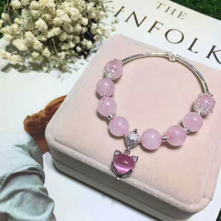 Prírodné ružové ružové kremenné korálky náramok Madagaskar 10 mm žien Fox Pendant Stretch Crystal Stretch Round Round Gracer Clacelet šperky