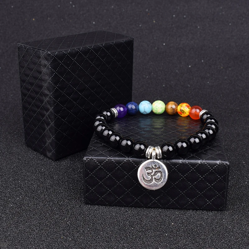 Prírodné čierne Onyx 7 Čakra náramky a náramky pre ženy módne vyváženie jogy Lietajúce náramky Men muž Buddha modlitby korálky šperky