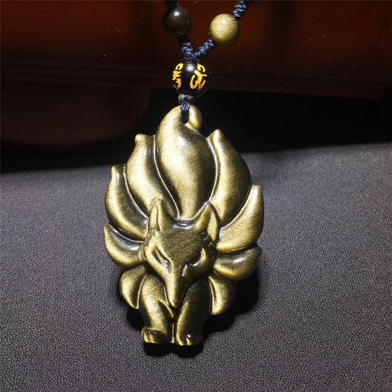 Prírodné čierne zlato Obsidian 9 Tails Fox Prívesok Obsidian 46x32x13mm Ženy Men farebný zlatý obsidiánový náhrdelník aaaaa