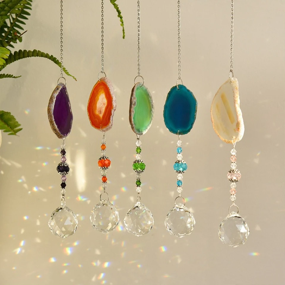 Prírodný farebný krištáľový agát Slnko Catcher remeslá dúhový výrobca krištáľový veterný zvonkohry Záhrada prívesok Rainbow Prism Ball Suncatcher