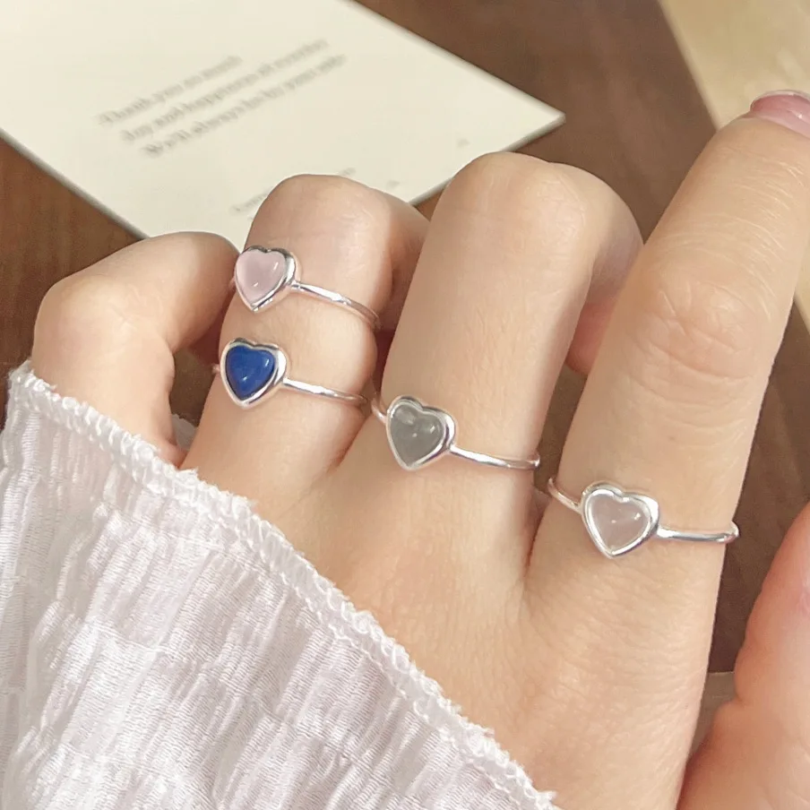 Prírodný kameň hladké srdce 925 Strieborné prstene Crystal Rose Quartz Lapis Moonstone Resizovateľný prsteň Ženy módne šperky