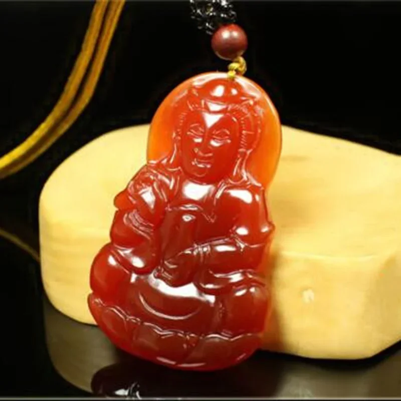 Prírodný červený agát Chalcedony Guanyin Buddha prívesok Náhrdelník šperky jemné šperky muži a ženský pár Jade prívesok náhrdelník