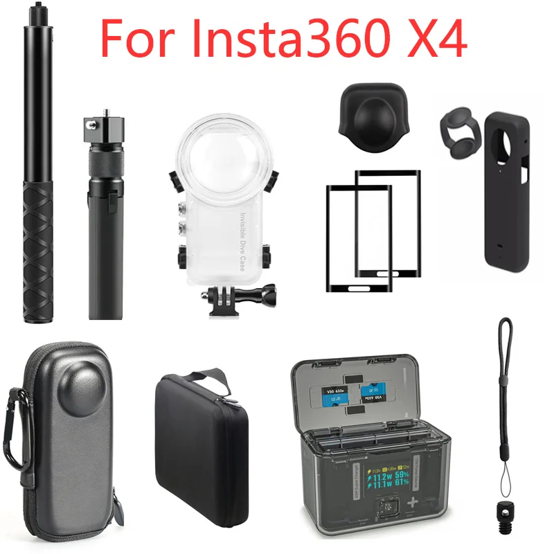 Príslušenstvo pre Insta360 x4 Ponorné puzdro Selfie Stick Stick Battery Box Storage Storage Tack Objektív kryt obrazovky Ochranné ručné remienok na zápästie
