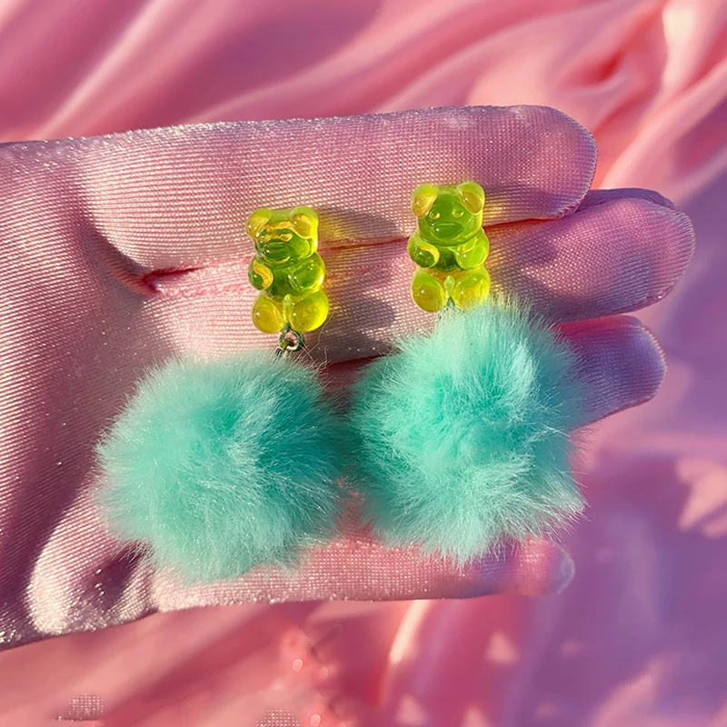 Príslušenstvo Y2K Pink Fur Fur Bear Stud náušnice pre ženskú egirl estetic harajuku diy šperky dúhové náušnice 2000. rokov módna párty
