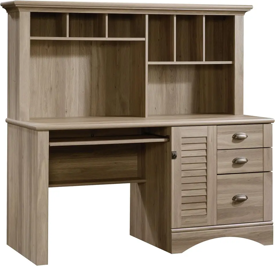 Prístav View Office Computer Desk s hutch, podnos na klávesnicu, v Salt Oak